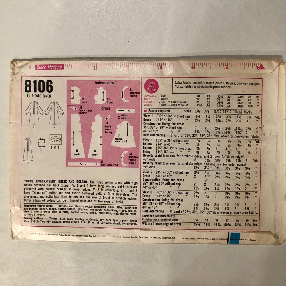 Copyright 1969 Vintage “Simplicity 8106” Dress Bolero Cut Sewing Pattern (9/10) - Picture 4 of 9
